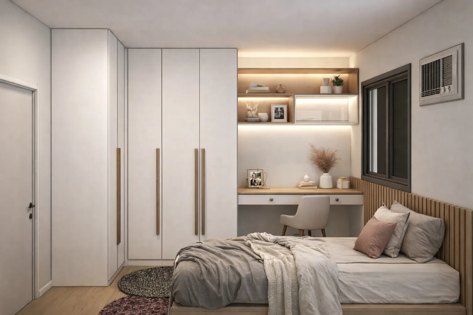 Render 3D de dormitório com bancada